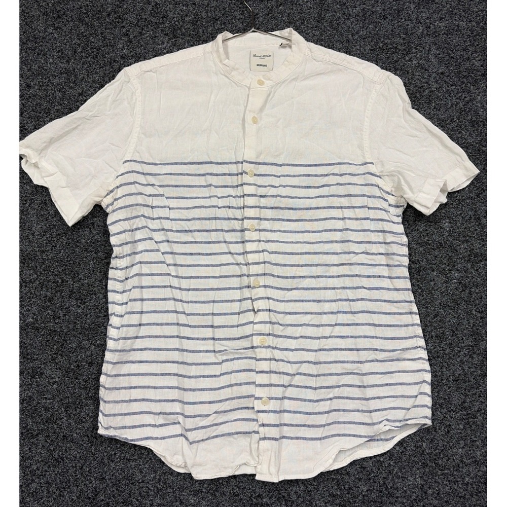 Murano Shirt Womens M White Blue Striped Baird McNutt Linen Band Collar Summer